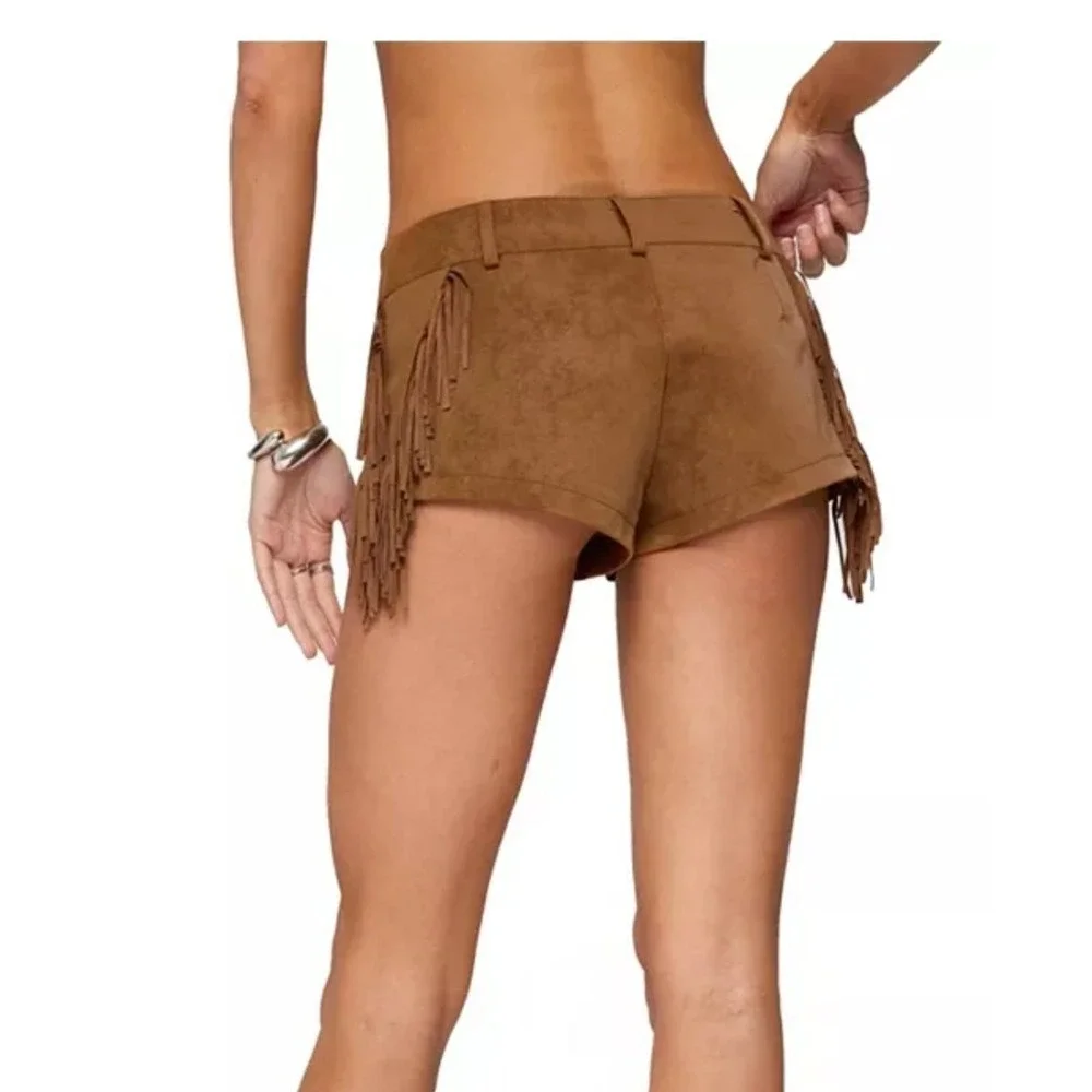 Edikted Brown Faux Suede Fringe Mini Shorts S20002 Festival Western Size M NEW